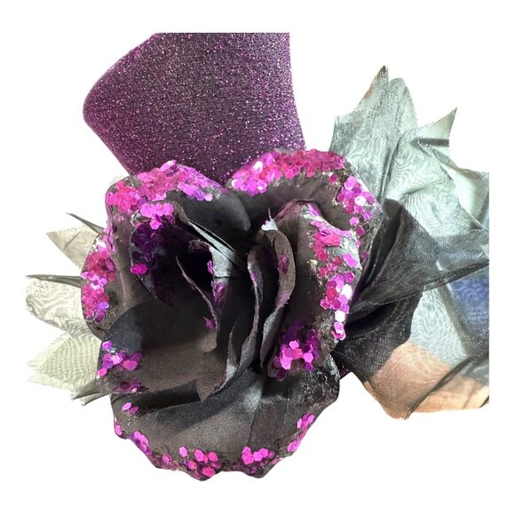Vtg Goth Halloween Black Rose Purple Glitter Mini Top Hat Fascinator Headband - Picture 5 of 7